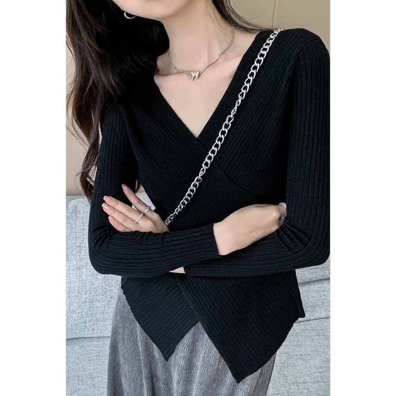 COZOK Áo Thun Dệt Kim Tay Dài Cổ Chữ V Vạt Chéo Thời Trang Dành Cho Nữ