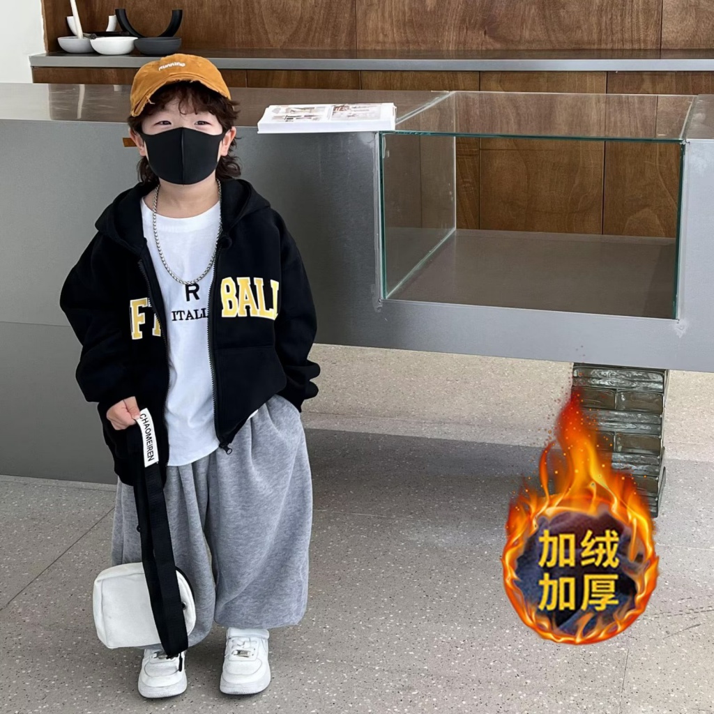 Áo Khoác Thể Thao Lót Lông Cừu Có Khóa Kéo In Chữ Phong Cách Hàn Quốc Thời Trang Mùa Thu Mới Cho Bé Trai