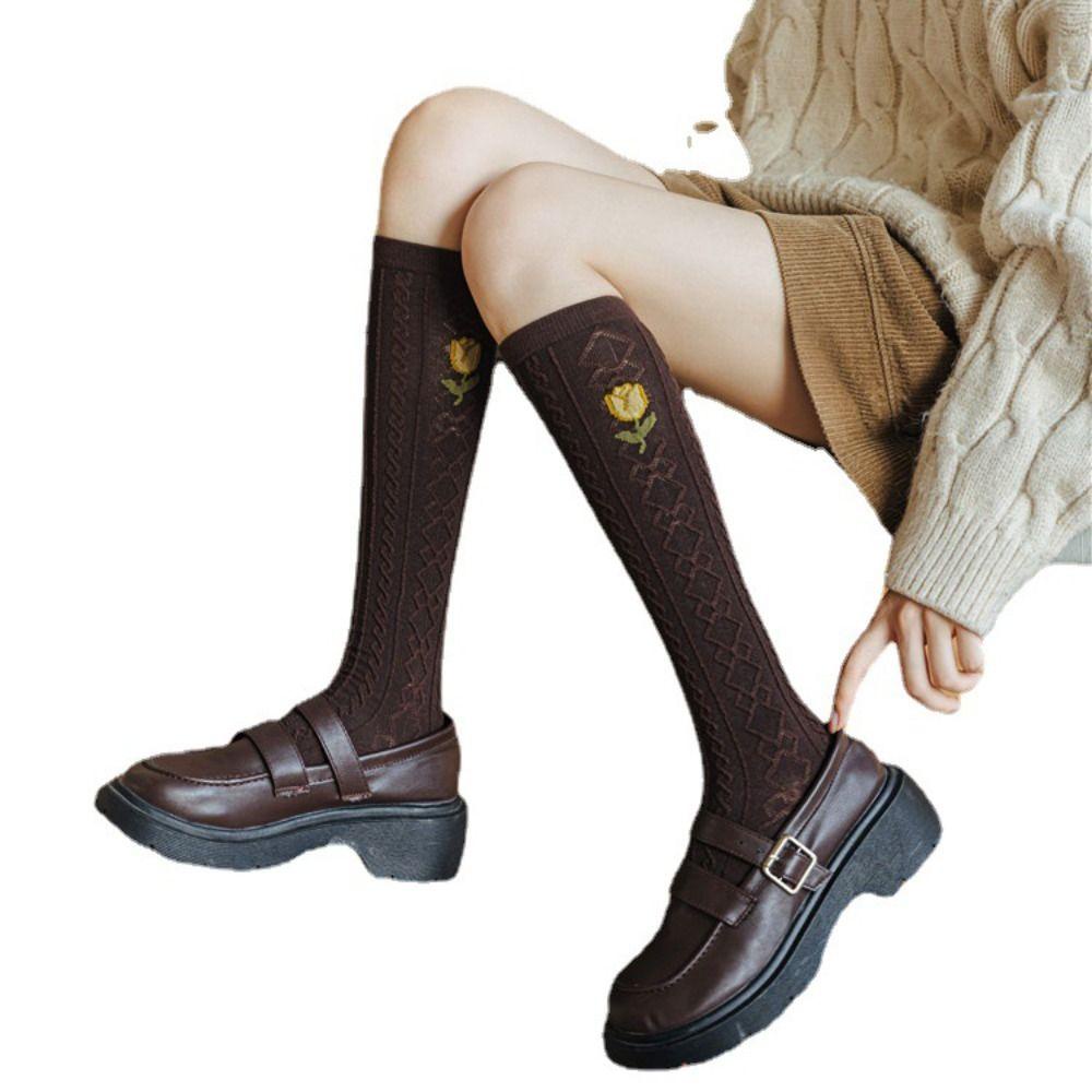 FALLFORBEAUTY Vớ Dài Không Đường May Thoáng Khí Họa Tiết Hoa Tulip Dễ Thương Thời Trang Cho Nữ