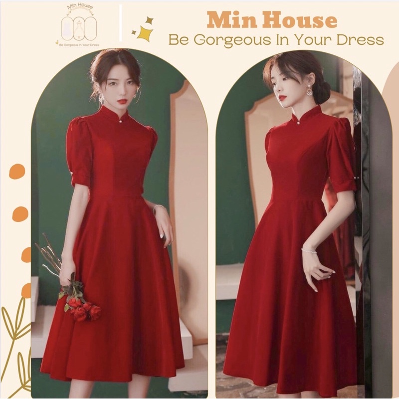 Đầm đỏ tiểu thư dáng dài dự tiệc sang chảnh-Hàng cao cấp loại 1-váy đỏ cổ tàu mặc tết,đi chơi noel siêu xinh
