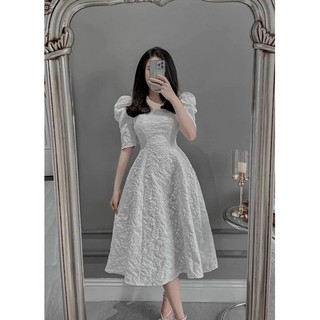 Đầm thời trang nữ mặc đi chơi chất gấm có mút ngực cổ vuông tay búp váy dài qua gối dự tiệc