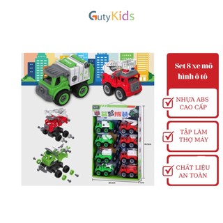 Bộ đồ chơi set 8 xe mô hình ô tô cứu hỏa và ô tô dọn vệ sinh có thể tháo rời, đồ chơi lắp ráp thông minh cho bé Gutykids