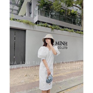 [ HA ANH THU ] Đầm Suông Tay Bồng Cổ V Xẻ Tà