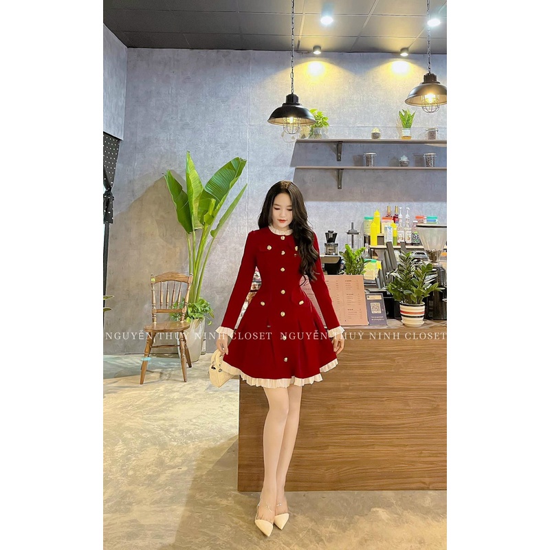 (Miễn Phí Ship) Siêu phẩm đầm dự tiệc dáng xòe,đầm nhung tay dài cổ trong phối bèo,đính nút giữa cực sang,lên from chuân