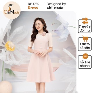 Đầm công sở citi mode fashion thiết kế dáng xòe nude phối kẻ dh3739