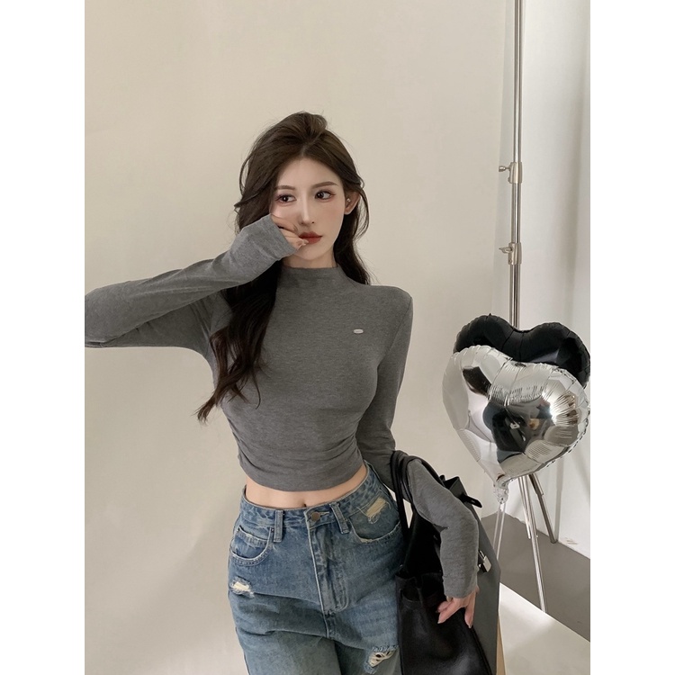 COZOK Áo thun COZOK tay dài cổ cao dáng ôm xếp ly phong cách cá tính cho nữ