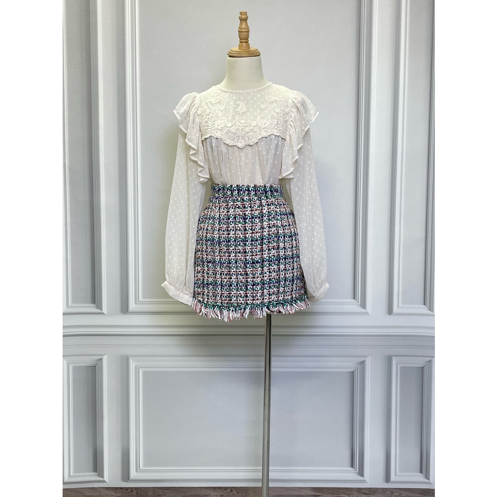 Chân váy dạ tua rua QCCC hàng hiệu chính hãng thời trang nữ CV701 màu xanh tím trắng size S secondhand thanh lý ký gửi