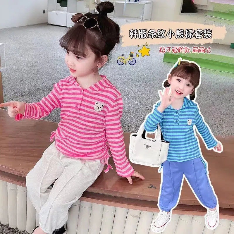 Áo Thun Dài Tay Có Mũ Trùm + Quần Dài In Họa Tiết Kẻ Sọc Thời Trang Xuân Thu Kiểu Mới Cho Bé Gái autumn and winter shirt