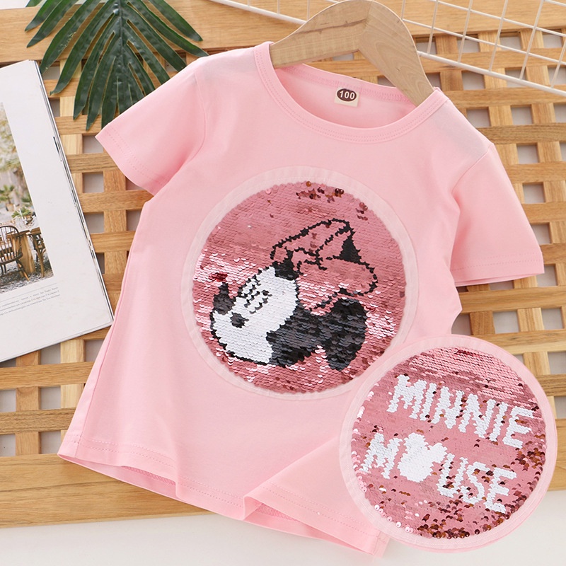 Áo thun nữ trẻ em mùa hè với ánh kim lấp lánh, hình in Mickey Mouse, phù hợp cho cô gái từ 3-8 tuổi.