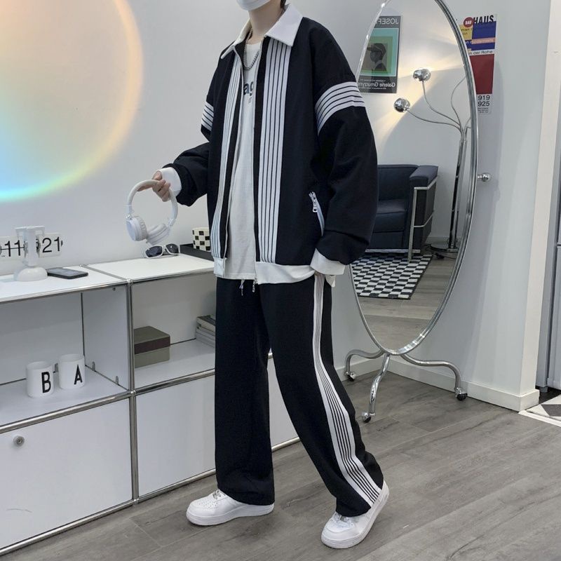 Bộ Đồ Thể Thao Hai Mảnh Áo Khoác Cardigan Phối Quần Ống Rộng Họa Tiết Kẻ Sọc Màu Sắc Phong Cách Hàn Quốc Thời Trang Xuân Thu Cho Nam Và Nữ