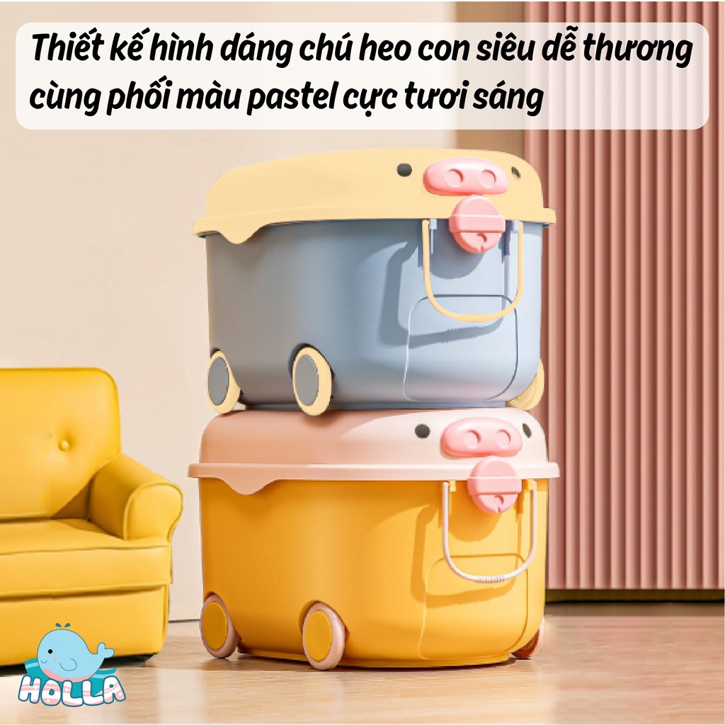 Thùng Đựng Đồ Chơi Cho Bé Heo Holla 3in1 Có Bánh xe Và Tay Kéo - Mặt Xếp Lego Cực Tiện Lợi