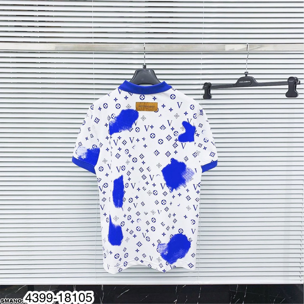 [Siêu Sale] Áo Polo Nam Trắng Loang Xanh In Chữ LV Chất Mát Mịn