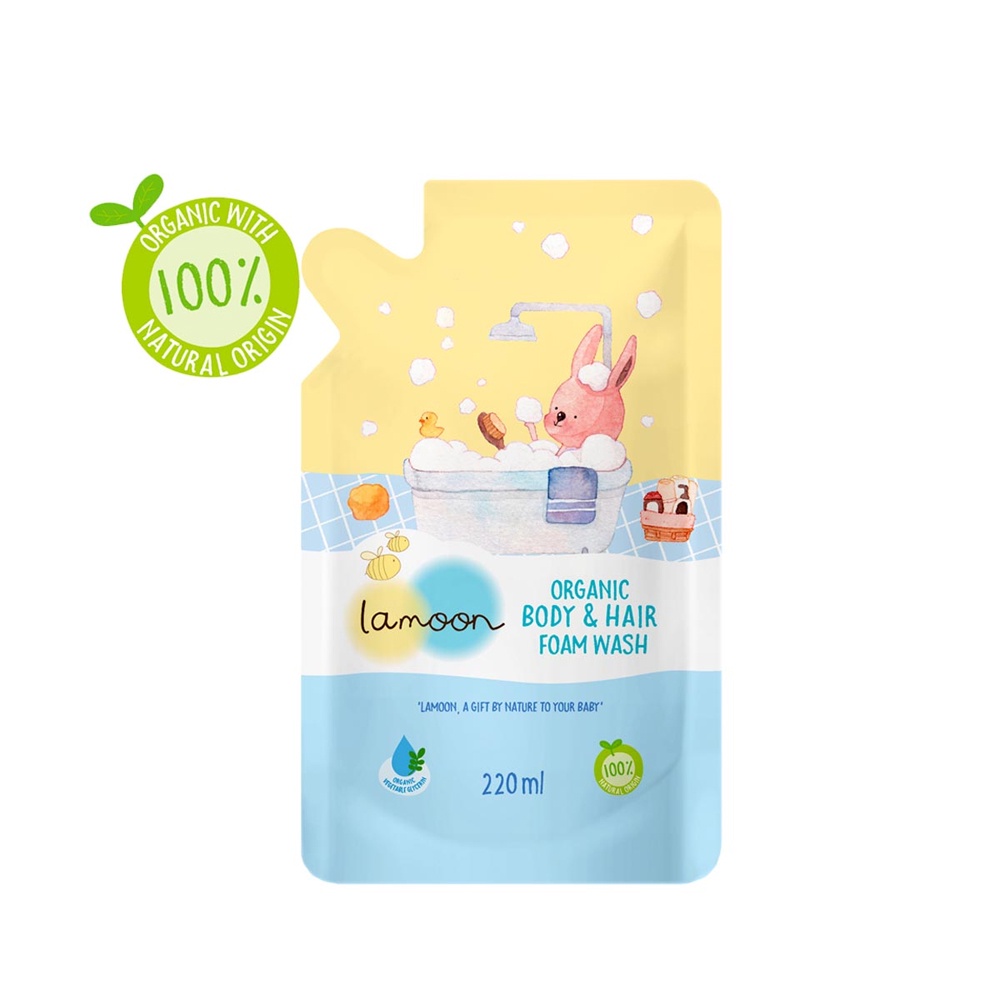 COMBO Sữa tắm gội Organic cho bé từ sơ sinh dạng bọt Lamoon dạng Bình 250ml + Túi refll 220ml