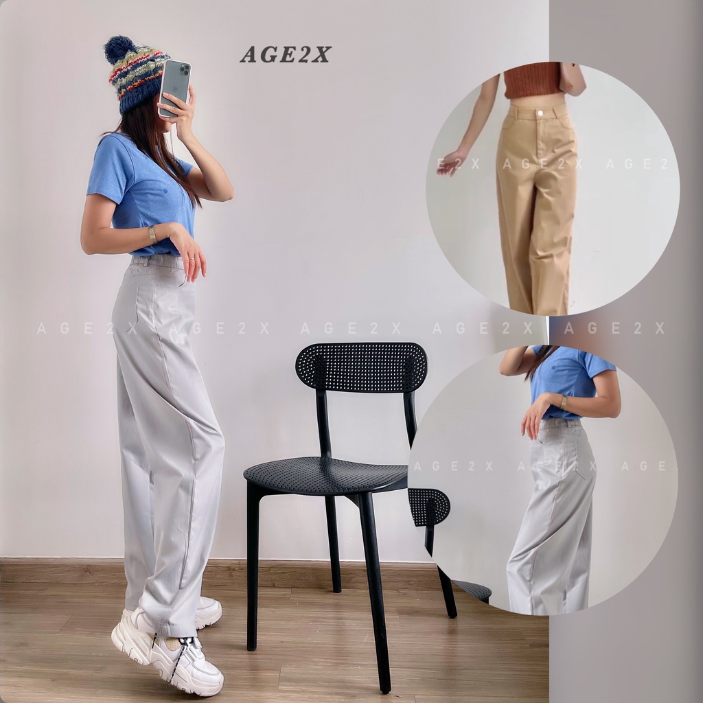 Quần ống rộng suông nữ lưng cao vải kaki cotton mềm mát chính hãng AGE2X