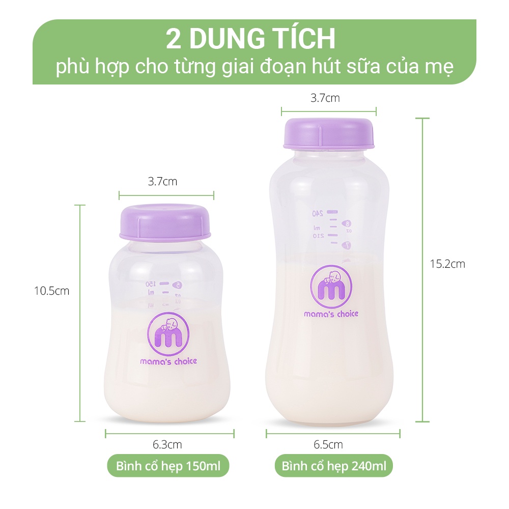 Bình Trữ Sữa Cổ Hẹp Mama's Choice 150ml–240ml, Bình Đựng Sữa Tương Thích Máy Hút Sữa Medela, Unimom, Real Bubee, Ameda