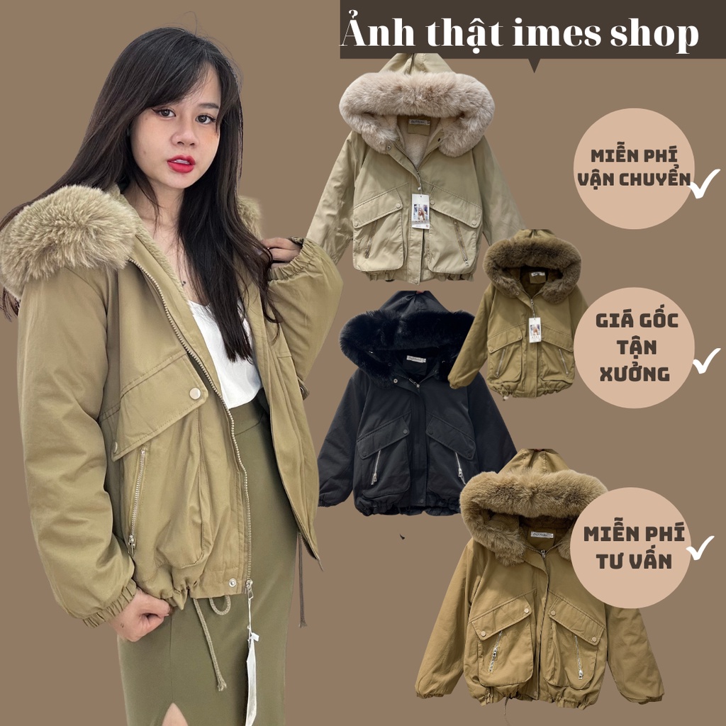 Áo khoác Parka Kaki dáng ngắn lót lông điểm nhấn khoá kéo nắp túi hộp trẻ trung dáng mới phong cách Hàn Quốc 2023 1831 I