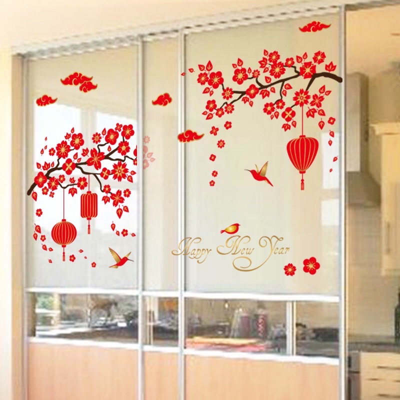 Decal dán tường hoa đào đỏ chúc mừng năm mới trang trí ngày tết