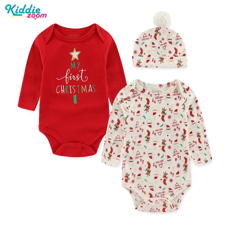 Set Đồ 2 Món Gồm 3 Món Áo Liền Quần Tay Dài In Họa Tiết Hoạt Hình Giáng Sinh Kèm Nón Cho Bé Sơ Sinh