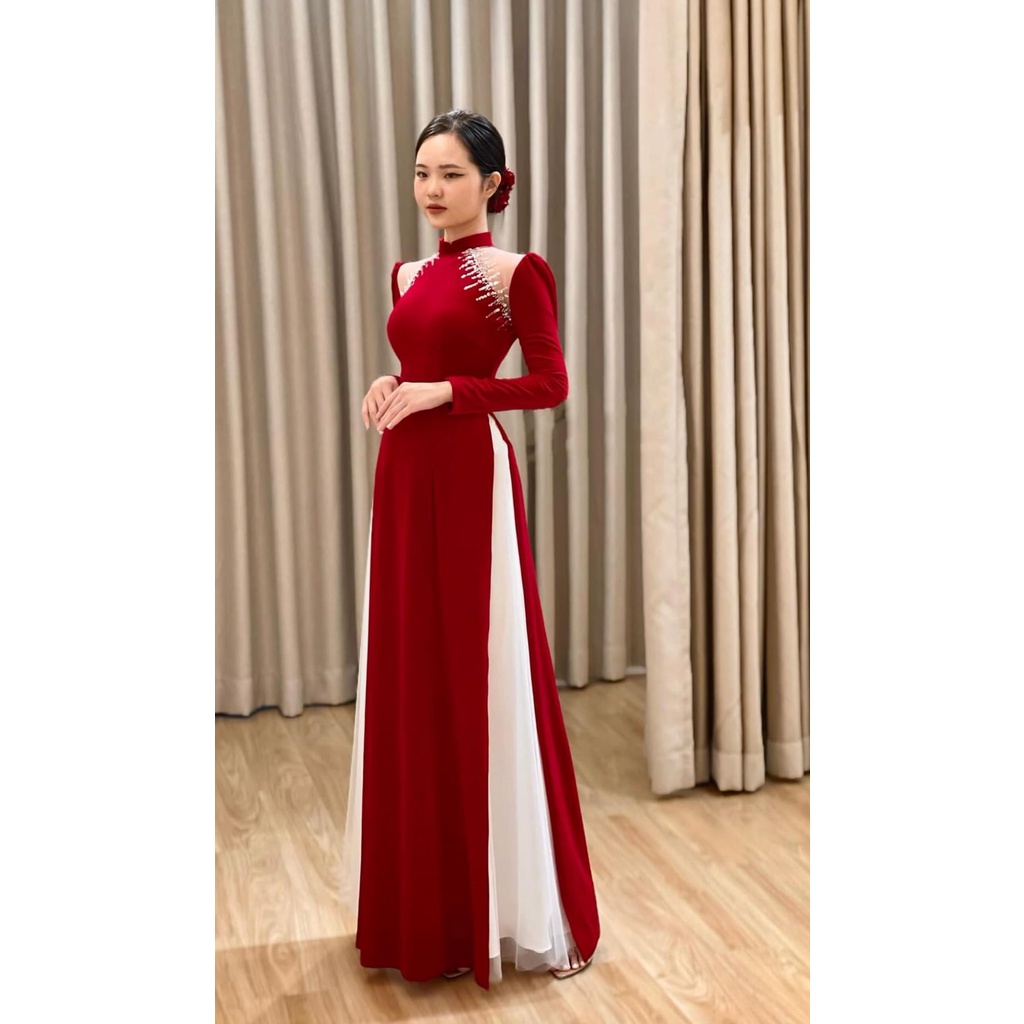Áo dài nhung cô dâu tay bồng cổ 2cm