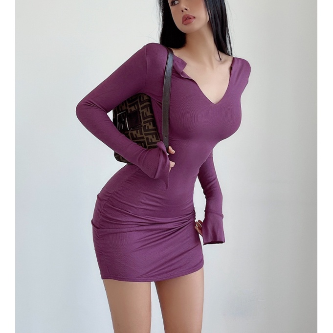 Đầm Thun Tay Dài Cổ Chữ v Ôm Dáng Quyến Rũ Dành Cho Nữ