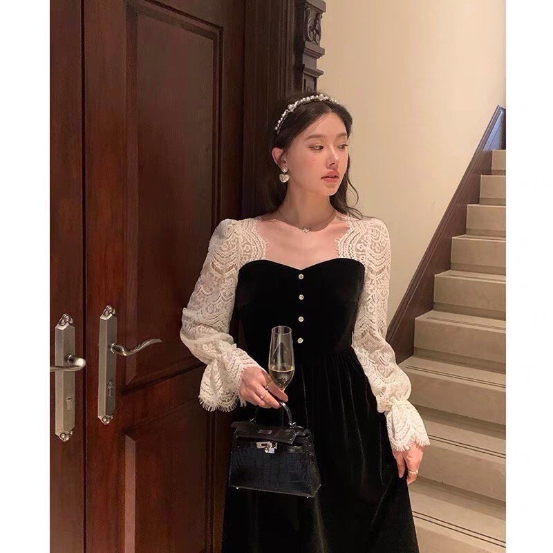 Váy nhung xoè dáng dài pha ren tay