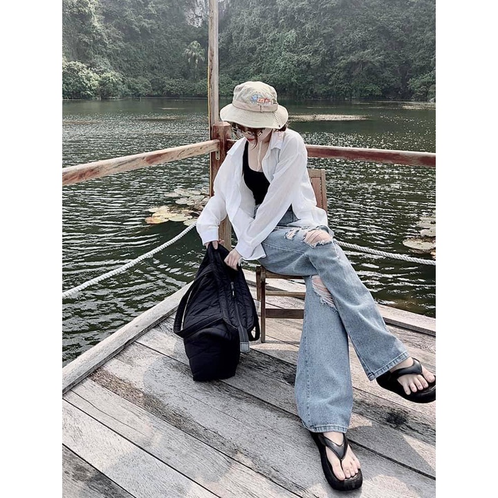 Quần jeans Nữ Lưng Cao Ống Rộng Rách Gối YOYO Thời Trang Hàn Quốc - Jeans suông mài rách Retro KYUBI