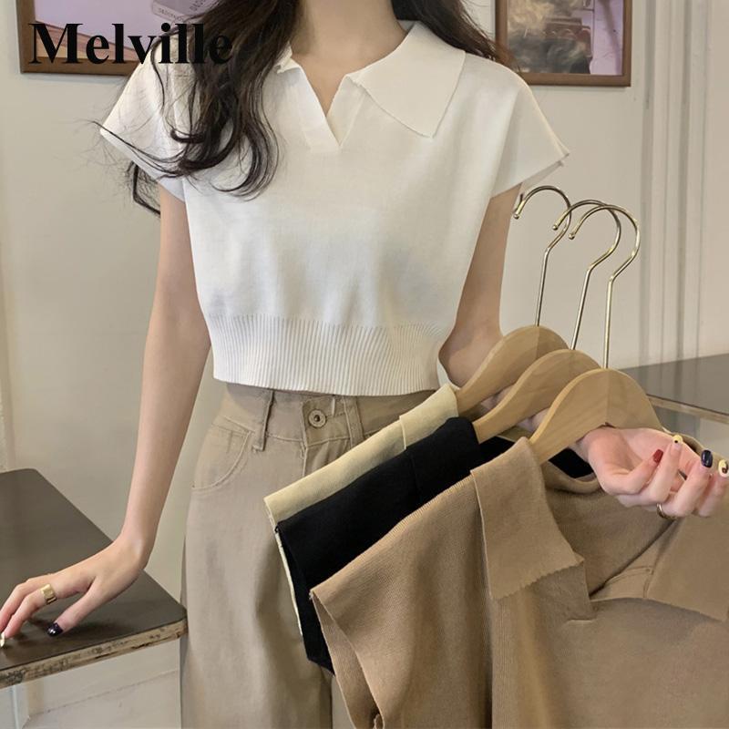 🌷Áo Thun croptop V Ôm Body nữ Áo polo dệt kim tay ngắn cổ chữ v thời trang Hàn Quốc
