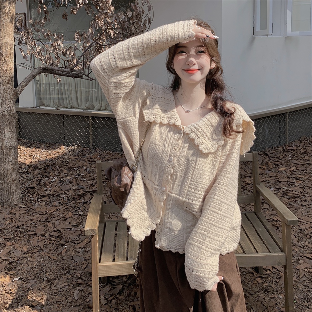 Áo khoác len nữ dệt kim tay dài cổ búp bê vintage, áo khoác cardigian len dáng ngắn nữ phối chân váy hàn quốc 0350