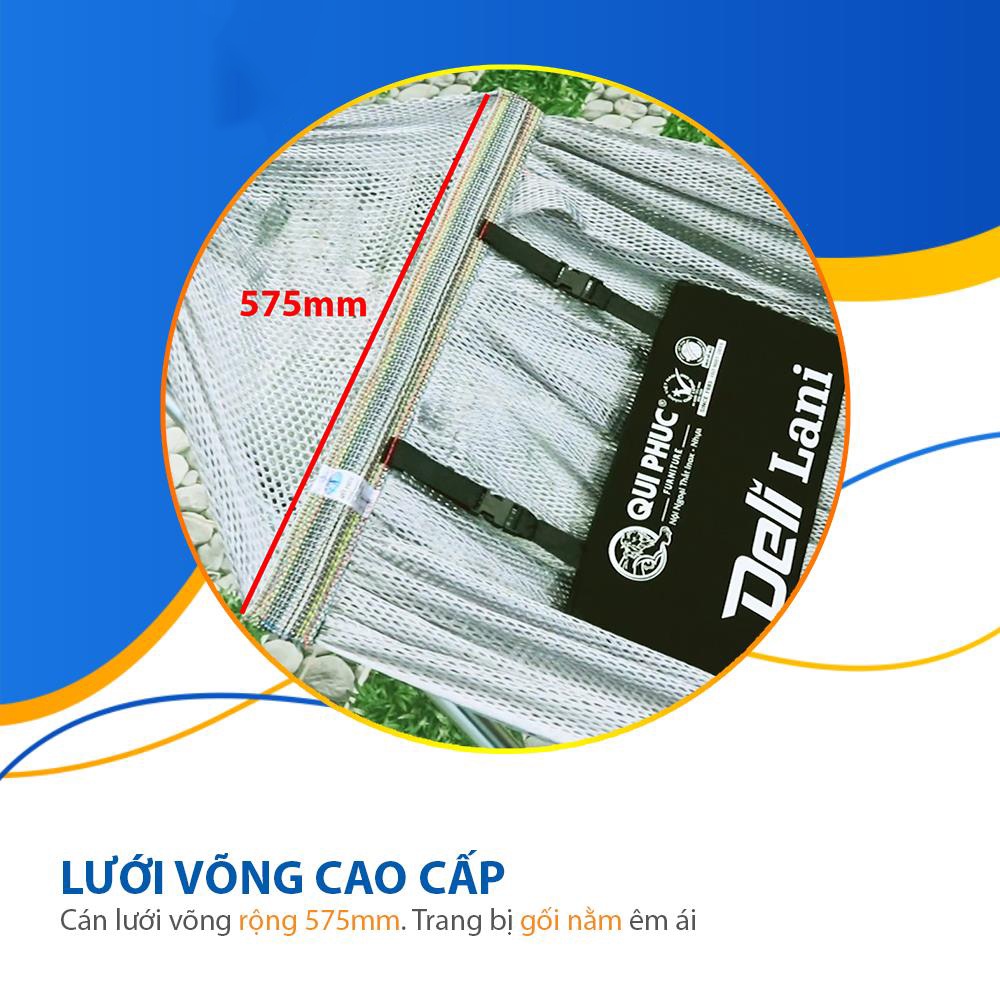 Võng xếp inox cao cấp Deli Lani Qui Phúc chịu tải 200Kg, giá võng inox có lưới tặng kèm gối nằm