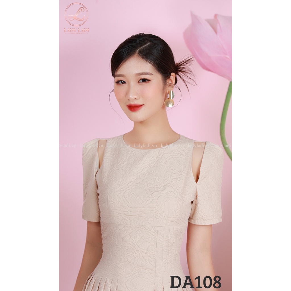 Đầm dự tiệc cổ tròn Ladi Fashion khoét vai màu be sang trọng DA108