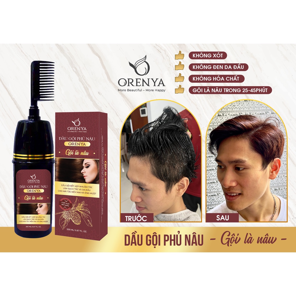 Dầu gội phủ bạc - Dầu gội Phủ Nâu 200ml - CHỈ 10 PHÚT Nhuộm tóc thảo dược, đen nâu tự nhiên - ORENYA Chính hãng