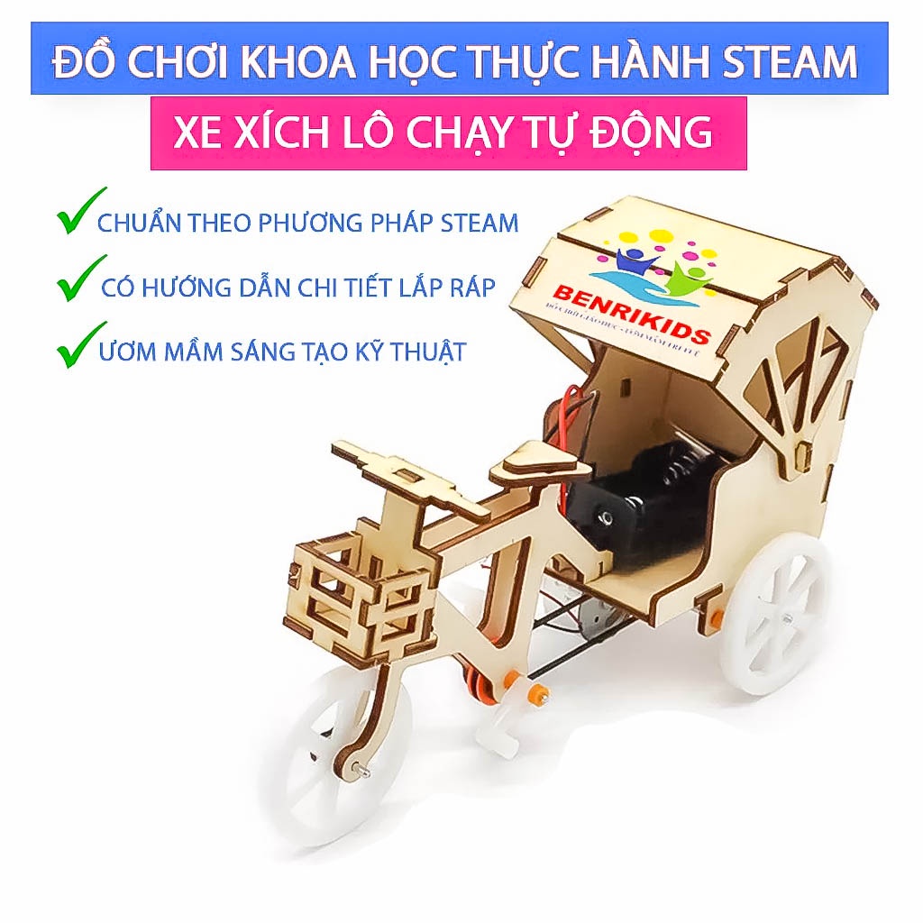 Đồ Chơi Sáng Tạo Stem - Bộ Xếp Hình Lắp Ghép Mô Hình Xe Xích Lô Chuyển Động Bằng Gỗ Theo Phương Pháp Stem Steam Của Mỹ