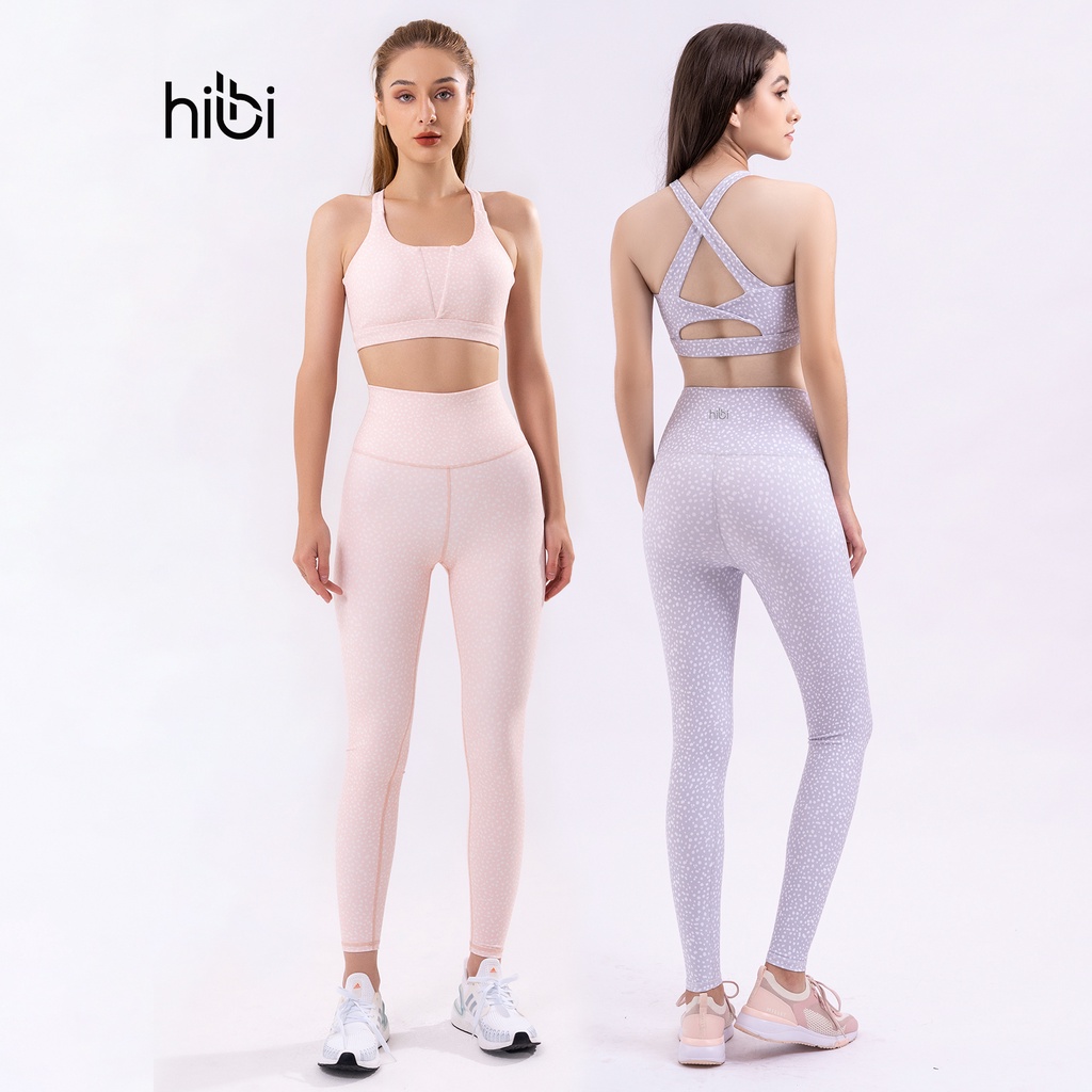 Set đồ tập yoga gym Hibi Sports H152 size mới, màu bông bi cam và xám, áo bra phối V, lưng xoắn nơ, kèm mút ngực