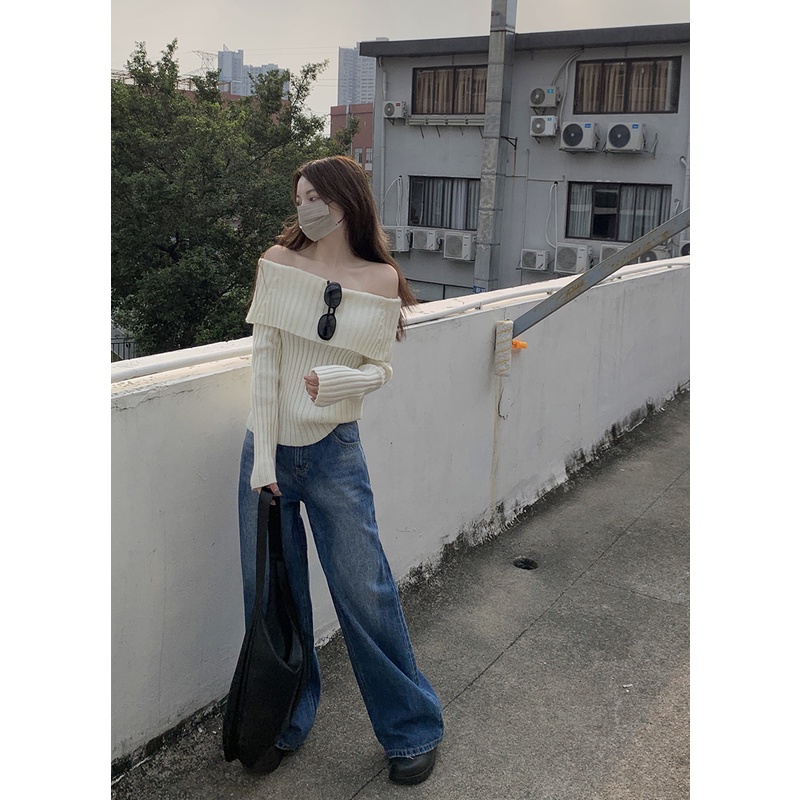 Set Áo sweater Dệt Kim Cổ Suông + Quần Jean Ống Rộng Đa Năng Thời Trang Cho Nữ