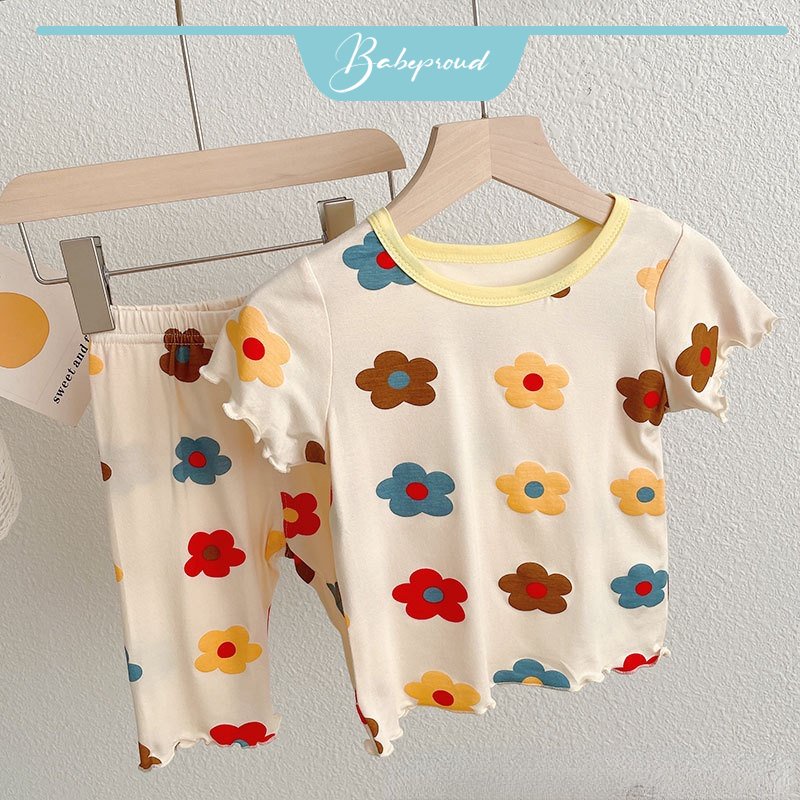 Set đồ ngủ áo thun + quần sooc BABEPROUD chất vải cotton in hoa kiểu Hàn Quốc dễ thương cho bé gái 1-7 tuổi