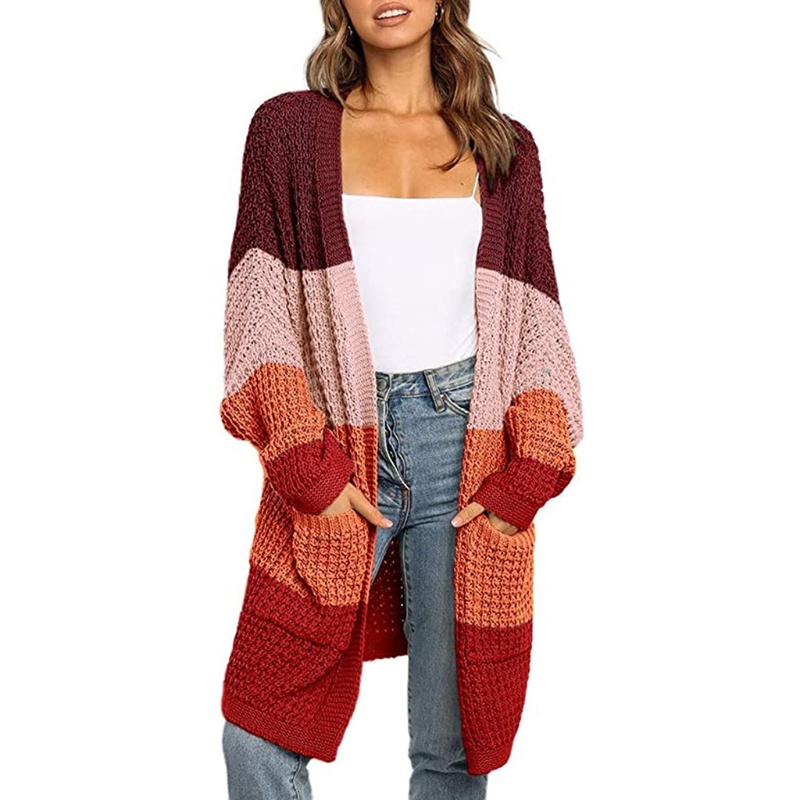 Xiangbao Áo Khoác Cardigan Dệt Kim Dáng Dài Tay Cánh Dơi Mở Phía Trước Màu Khố