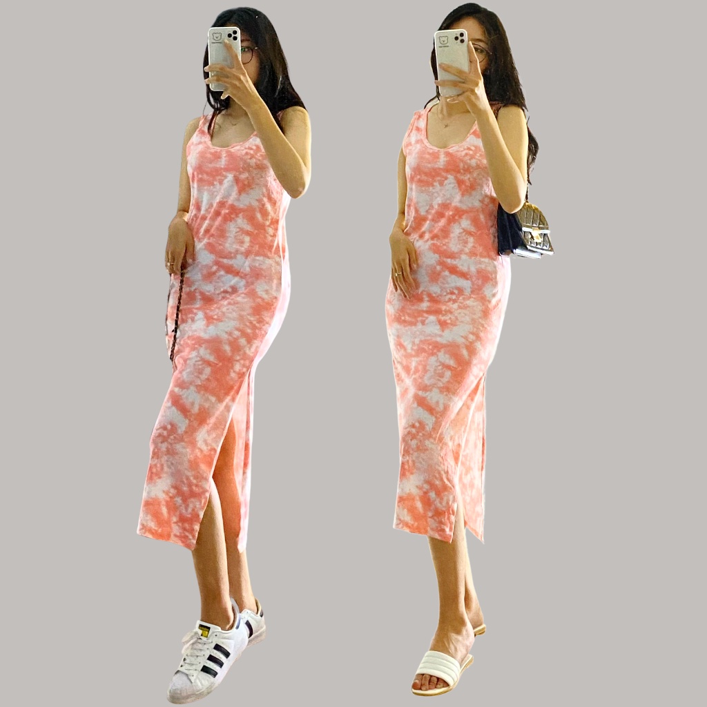 Váy đầm thun cotton loang màu cam sẻ tà sexy sát nách kiểu dáng body mặc nhà hoặc dạo phố size to 40-75Kg