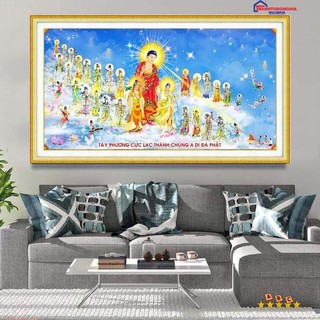 Tranh đính đá LV206 (1m36 x 75cm), thêu chữ thập tây phương cực lạc a di đà phật LV3165 (1m13 x63cm)