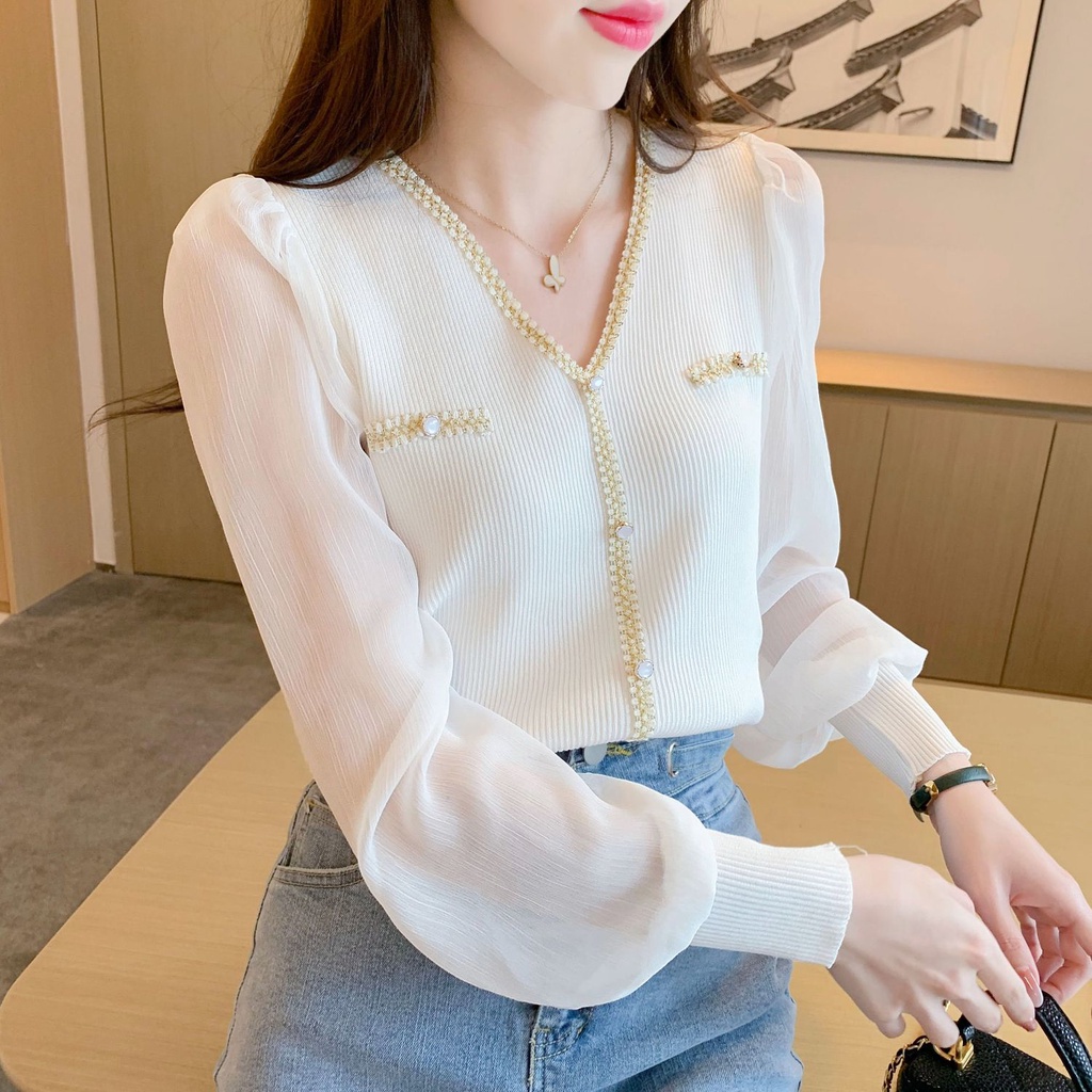 Áo Chiffon Dệt Kim Tay Phồng Dáng Rộng Thời Trang Mùa Thu 2022