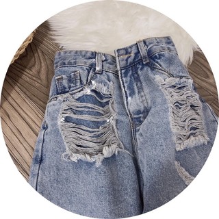 Quần jeans suông túi rách kiểu cạp cao phom dài dáng basic