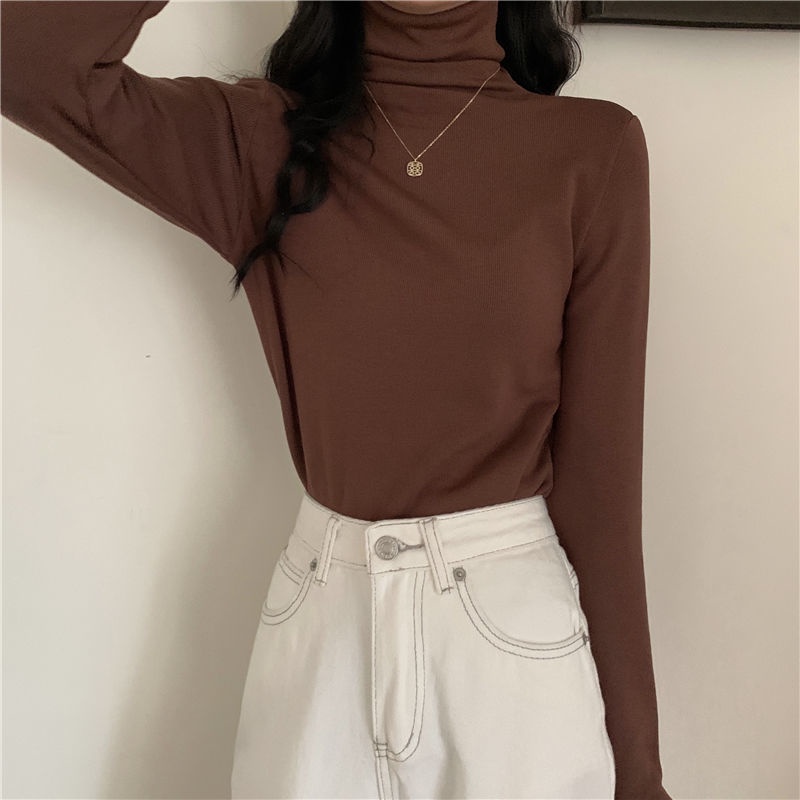 Áo thun COZOK tay dài cổ cao màu trơn dáng ôm thời trang Hàn Quốc