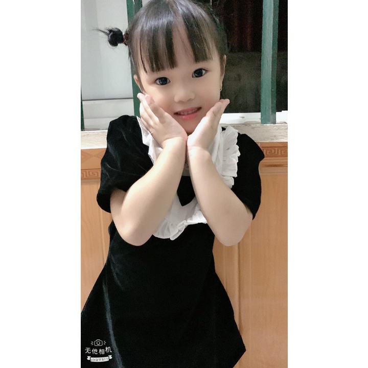 BÁN SỈ VÁY NHUNG ĐEN BÉ GÁI CỔ SƠ MI TRẮNG BÈO NƠ ĐEN