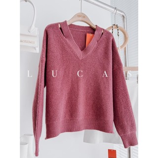 Áo len tăm cổ v xẻ vai tay dài dáng basic