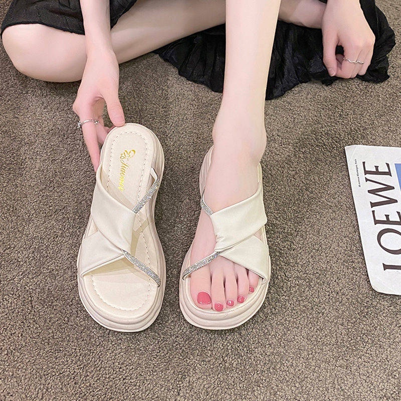 sandal dây Dép lê đế dày hòa tan nữ kiểu Pháp đính đá chéo phối váy đi biển