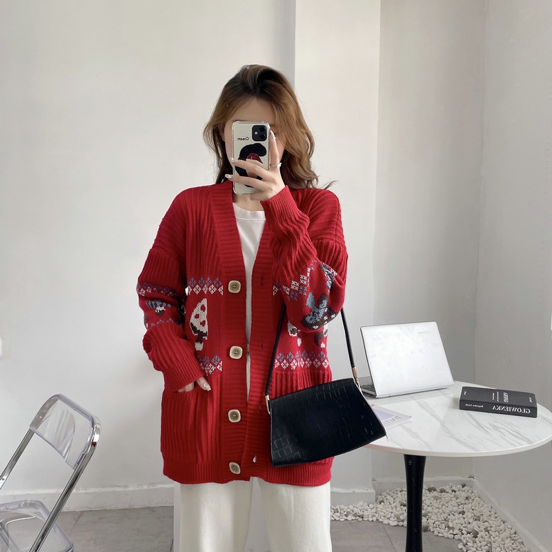 Áo Khoác Len Cardigan Tay Dài Dáng Rộng Cài Khuy Kiểu Hàn Quốc Thời Trang Thu Đông 2022