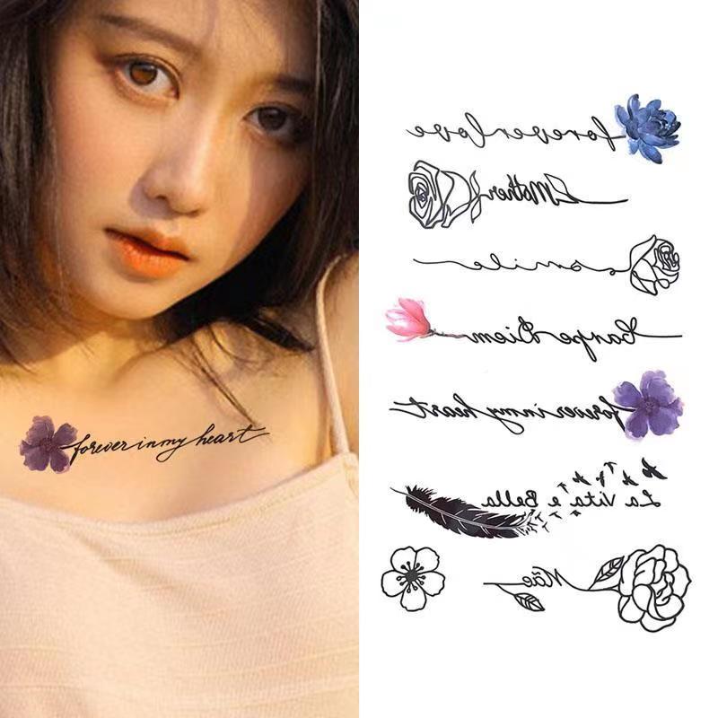 1 (8 Tấm) Hình Xăm Dán Tạm Thời Hình Lông Vũ / Hoa Hồng / Chữ Tiếng Anh Chống Thấm Nước