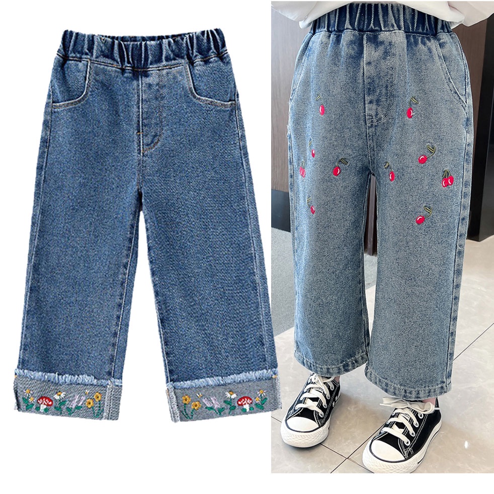 Quần Jeans Ống Rộng Thêu Họa Tiết Thời Trang Cho Bé Gái 3-8 Tuổi