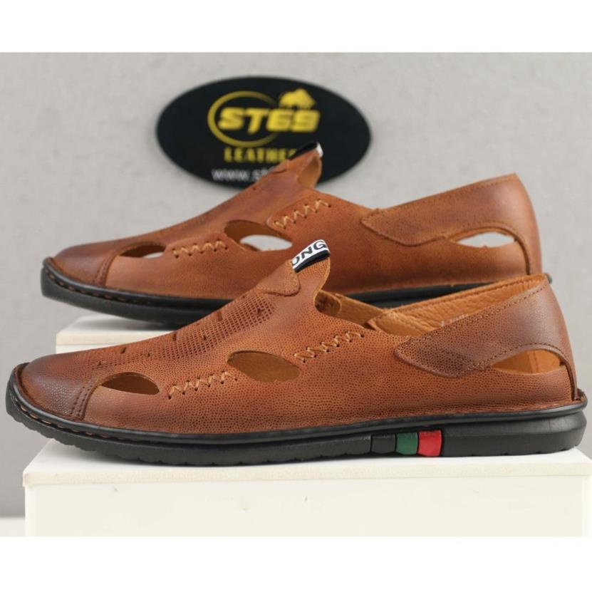 Giày lười rọ nam da bò 100% đục lỗ thoáng khí mùa hè đế cao su non mềm mại - G001