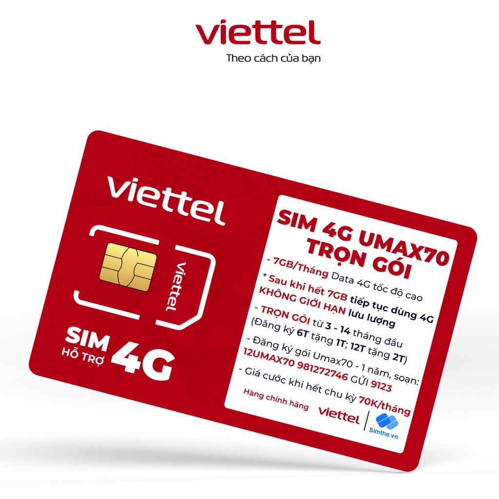 Sim 4G Viettel 12UMAX70 - 12UMAX90 Data Không Giới Hạn,Max Băng Thông. Miễn Phí 1 Năm Không Cần Nạp Tiền