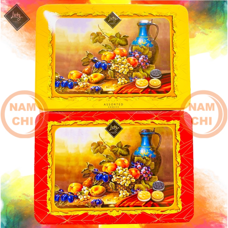 [HỘP 220G] Bánh Quy Kẹp Kem Lucky Sun Hộp Thiếc Họa Tiết Tranh Sơn Dầu Vintage Quà Tết Sang Trọng Ăn Cực Ngon